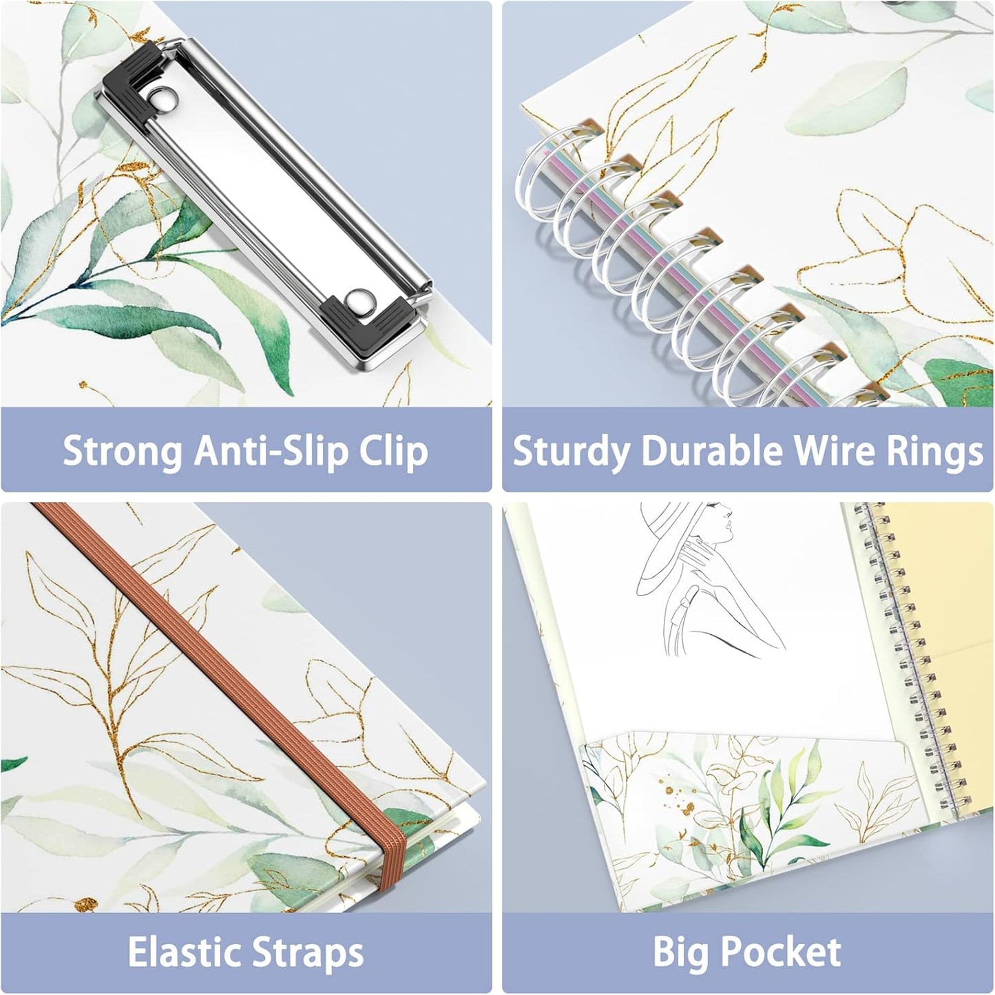 Rimilak Spiral Clipboards Folio with Refillable Lined Notepad, 14.5 x 9.8 In, Hardcover Cover with 5 Interior Pockets, Elastic Band and Pen Loop Series. Cute Stylish Clipfolio, Daisy Flower