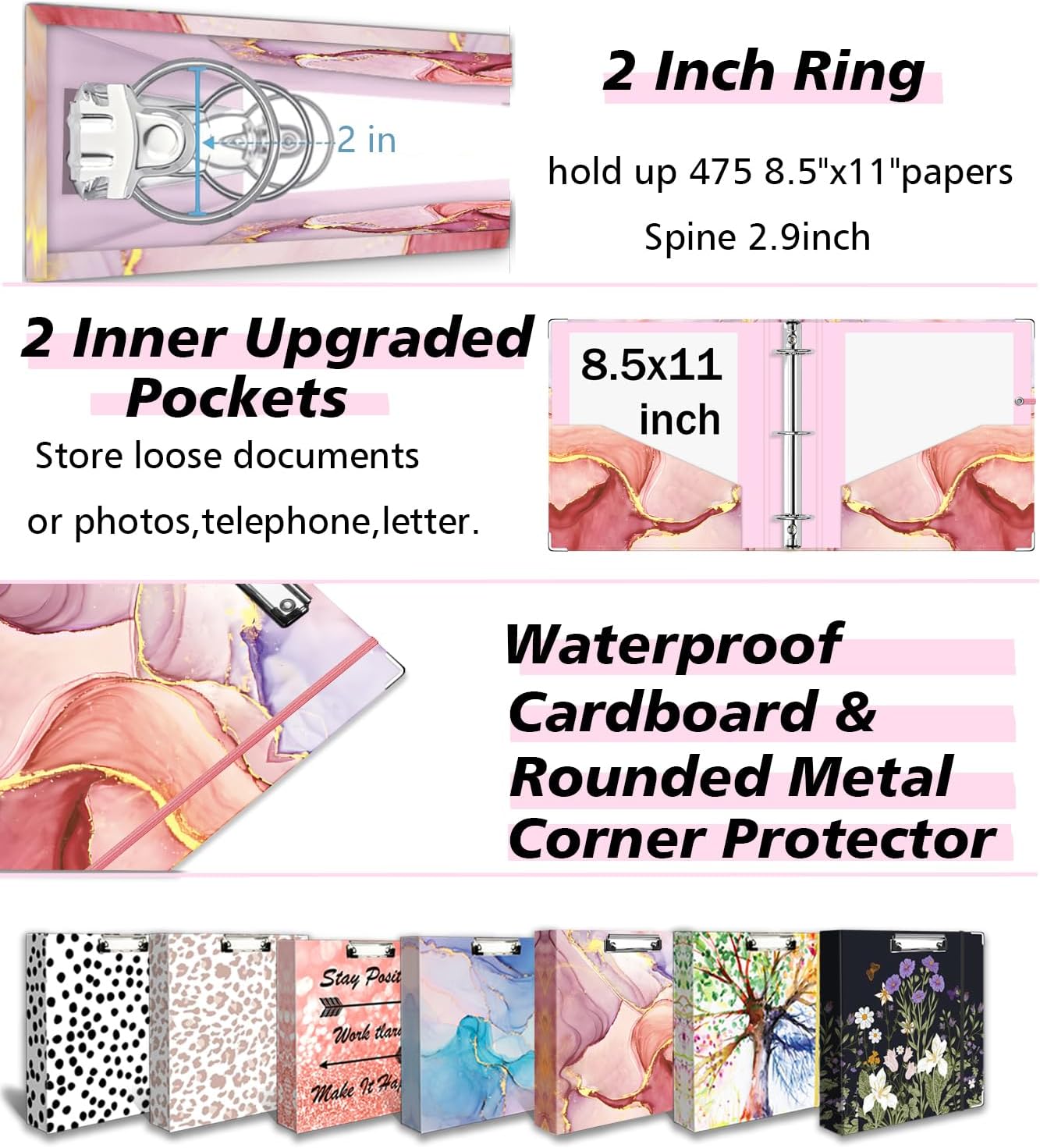 3 Ring Binder 1 Inch, Three Ring Binders Organizer with Clipboard, 5-Tabs Pockets Dividers, Plastic Folder, 18 Divider Stikers, BVSSX Pretty Binder with Pen Loop (Black Weeds, Letter Size)