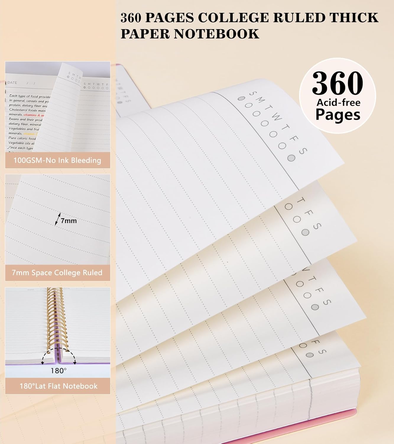 MUAHLIUB Spiral Notebook Journal College Ruled, 360 Pages Lined Thick Journals for Women Men, B5 Big Notebooks with 100GSM Paper, Spiral Bound Journaling for Writing Work School Black 7.6"×10"
