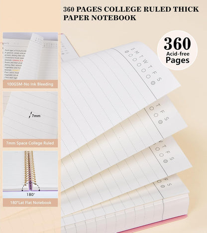 MUAHLIUB Spiral Notebook Journal College Ruled, 360 Pages Lined Thick Journals for Women Men, B5 Big Notebooks with 100GSM Paper, Spiral Bound Journaling for Writing Work School Black 7.6"×10"