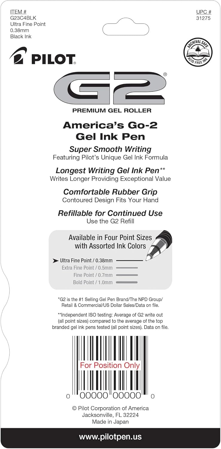 PILOT G2 Premium Refillable and Retractable Rolling Ball Gel Pens, Ultra Fine Point, Black Ink, 5-Pack (31306)