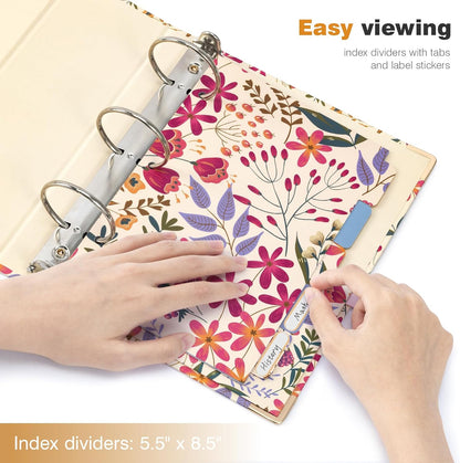 Ospelelf Binder 3 Ring 1 Inch, Floral Round Ring Clipboard Binder for Letter Size with 5 Tab Dividers, File Folder Labels, for School and Office Supplies