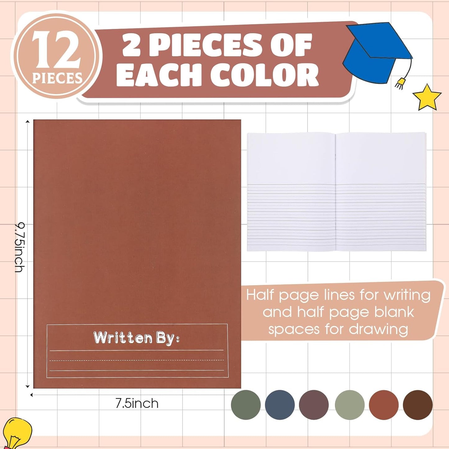 Henoyso 12 Pcs Primary Composition Notebook K-2 Primary Journal, Notebook for Kids Supplies, Bulk Blank Writing Book for Kid to Write Draw Journal 60 Page (9.8″ X 7.5″,Light Color)