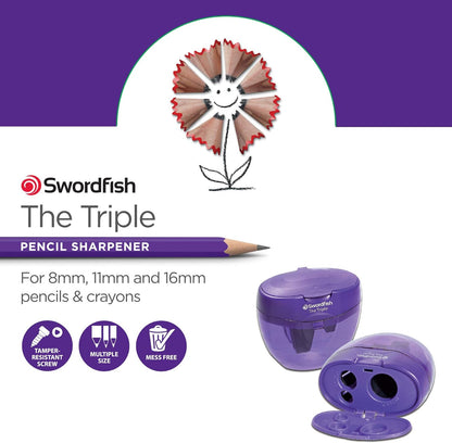 Swordfish ‘The Triple’ Three Hole Pencil Sharpener with Mess-Free Canister [Pack of 1] 8-16 mm [40228s], Purple
