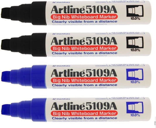 Artline 5109A Big Nib 10mm Dry Erase Extra Thick Whiteboard Markers, 4 Markers (2 Black, 2 Blue)