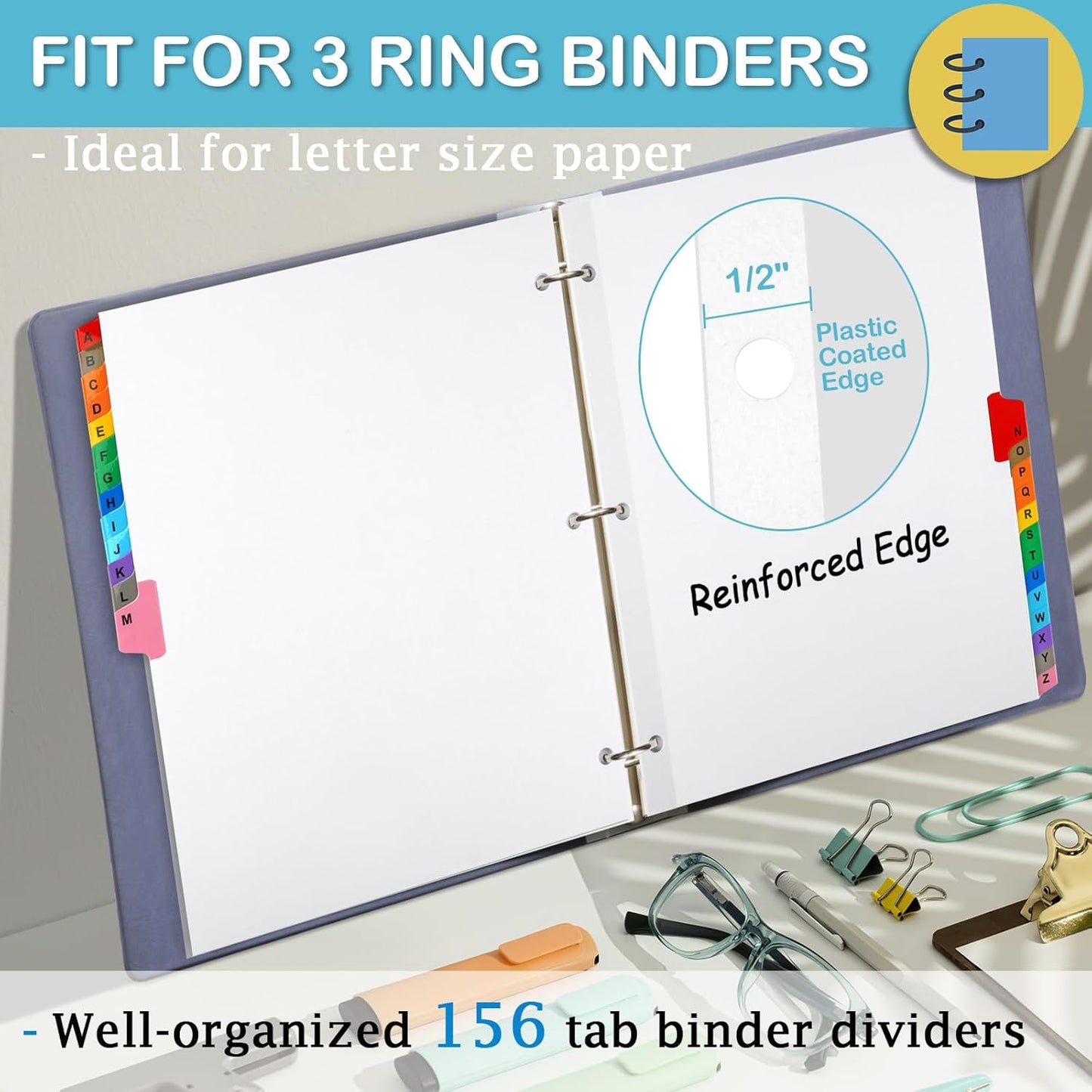 Alphabet Binder Dividers for 3 Ring Binder, COIDEA A-Z Dividers for 3 Ring Binder, Multicolor A-Z Binder Dividers with Customizable Table of Contents Page, ABC Alphabet Tabs for School Office