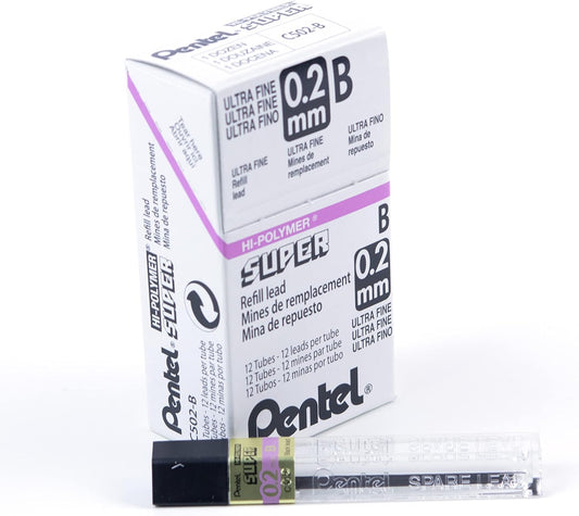 Pentel Super Hi-Polymer Lead Refill 0.2mm, Super Fine, B, 12 Pieces/Tube (C502-B)