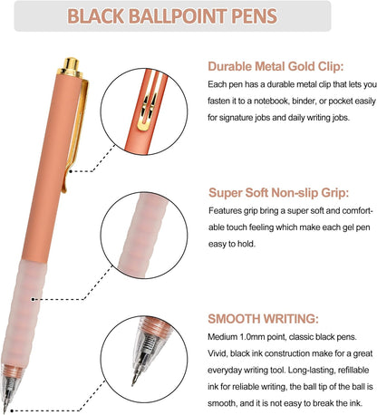 Linbsunne Ballpoint Pens Medium Point 1mm Black Ink Work Pen with Super Soft Grip Ball Point Pen for Men Women Retractable Office Pens (Gold Clip-6 count)