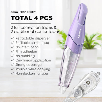 Refillable Retractable White Correction Tape, Pen Shaped White Smooth Pull Out Japanese Aesthetic Cute Correction Tape for Office Supplies, 4 PCS (ZH-87)