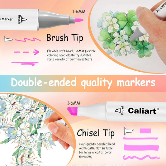 Caliart Alcohol Markers Brush Tip, 51 Colors Dual Tip Artists Coloring Markers Set Brush & Fine, Permanent Alcohol Based Colored Sketch Pens, Art Supplies Gifts for Adults Illustration Drawing