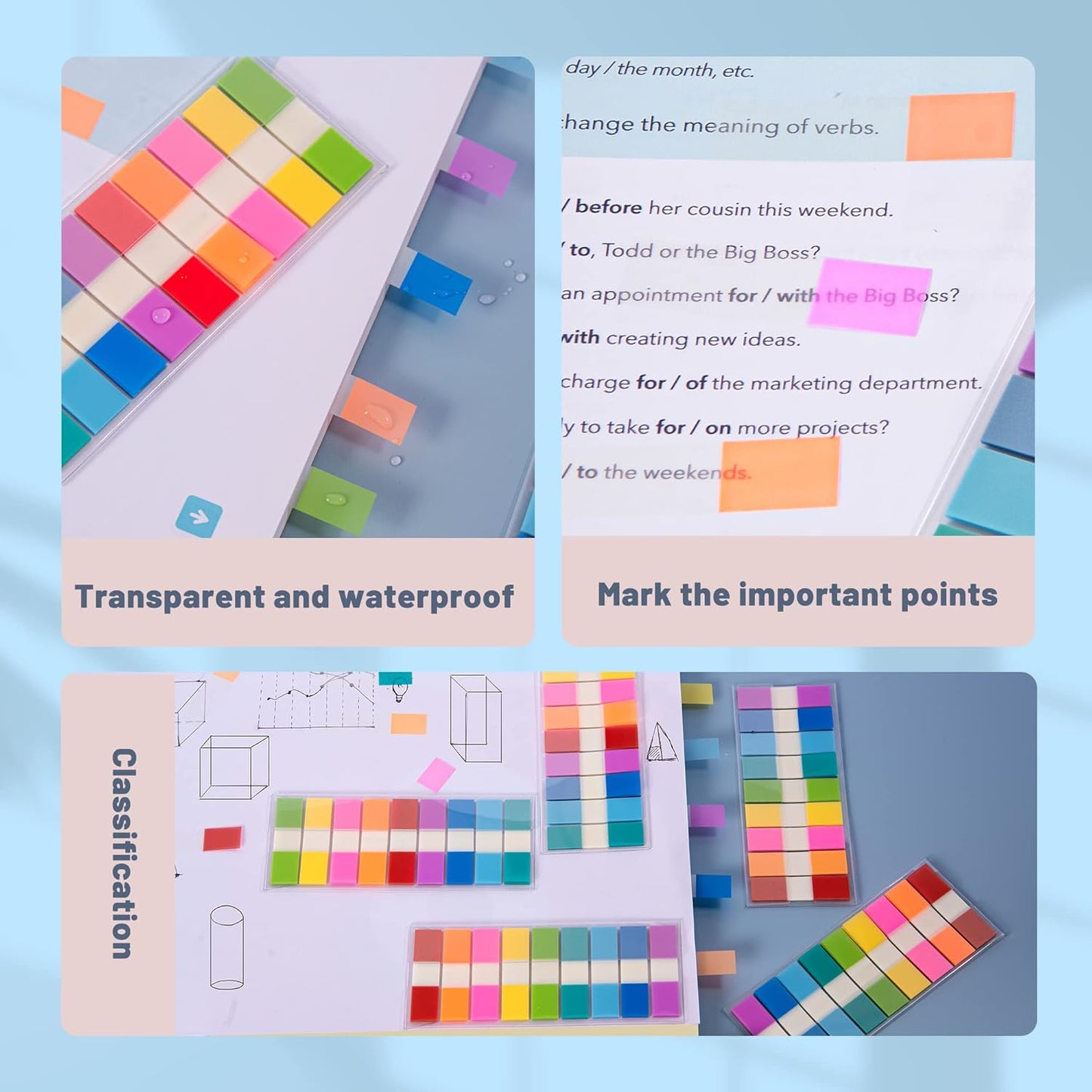 Golcellia Fluorescent Translucent Sticky Note Flags, 1200 Pcs Total, Pack of 10 Color Tabs, Arrow Index Tabs, Page Flag Markers