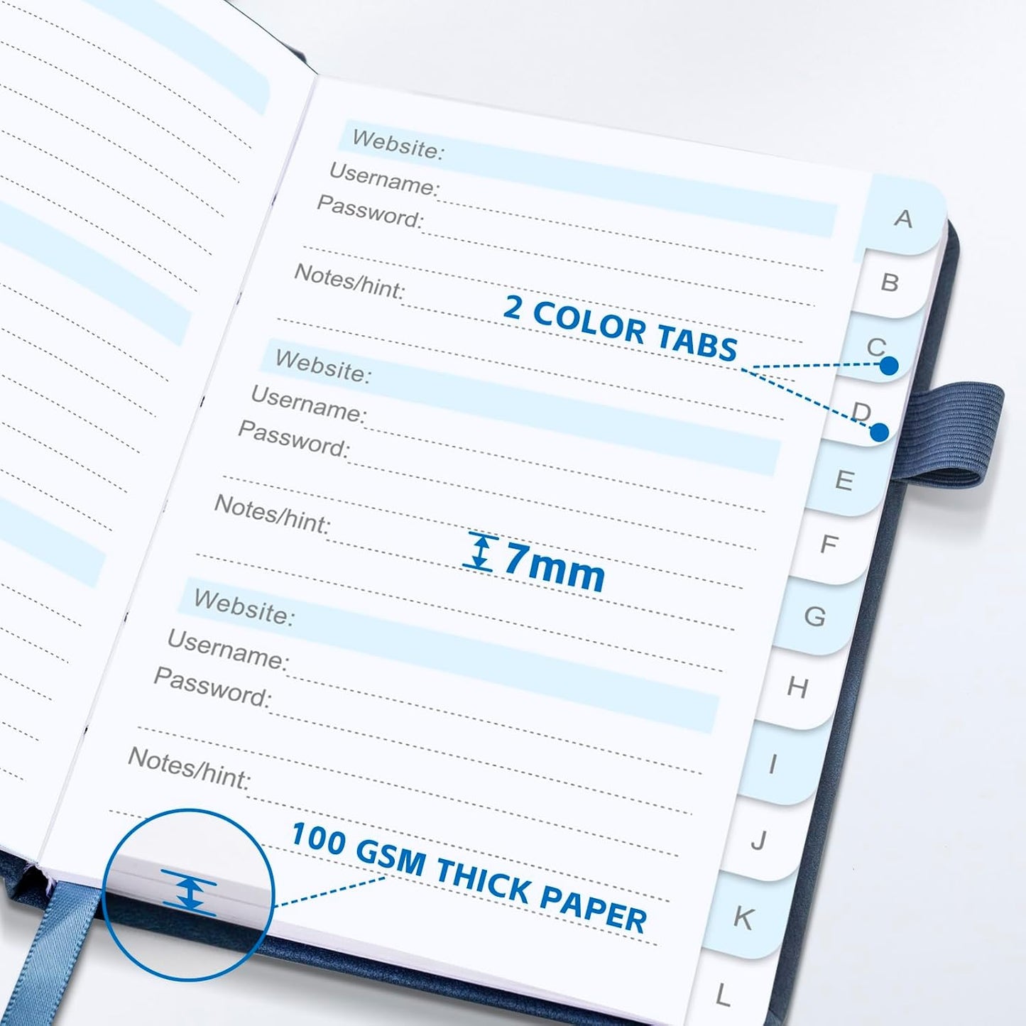 MOSA BEAR Password Keeper Book with Alphabetical Tabs，4.3"x5.7" Small Password Books for Seniors Password Notebook for Internet Website Address Log in Detail（Dark Blue）