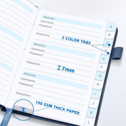 MOSA BEAR Password Keeper Book with Alphabetical Tabs，4.3"x5.7" Small Password Books for Seniors Password Notebook for Internet Website Address Log in Detail（Dark Blue）