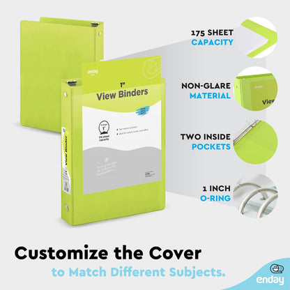 3 Inch Binder 3 Ring Binders Green, Slant D-Ring 3” Clear View Cover with 2 Inside Pockets, Heavy Duty Colored School Supplies Office and Home Binders – By Enday
