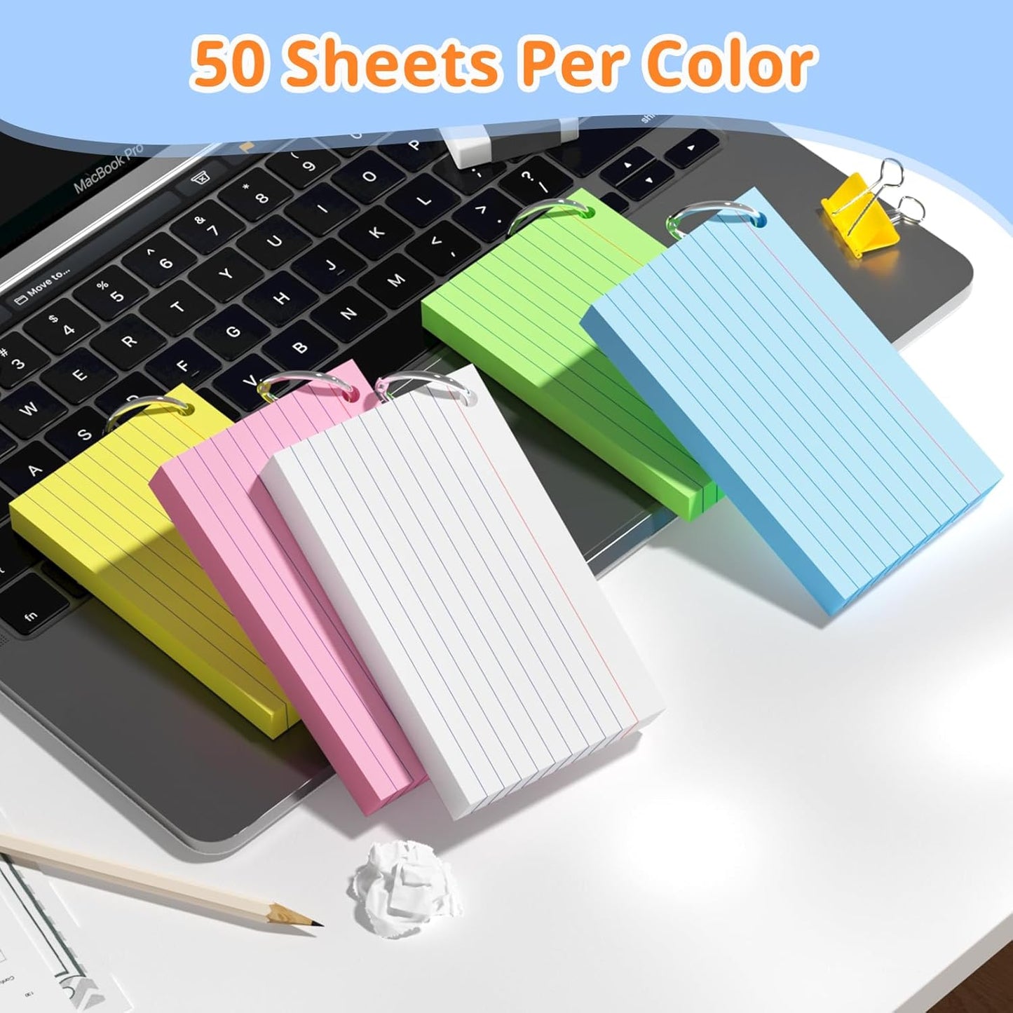 Index Cards 3x5 Inches, 300 PCS, Colored Flash Cards With Ring, Punched Lined Study Card Ruled Flashcards Notecards, Ruled Front And Blank Back, Note Card for School, College And Home