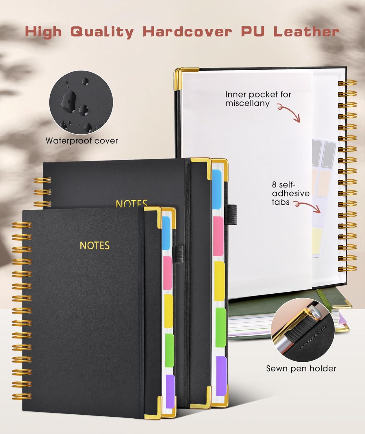 Hardcover Spiral Notebook Journal with Removable Dividers Tabs, 300 Pages Leather 5 Subject Notebook College Ruled, 8"x10" Large B5 Notebooks for Work School Note taking, Lined Journal for Women, Pink