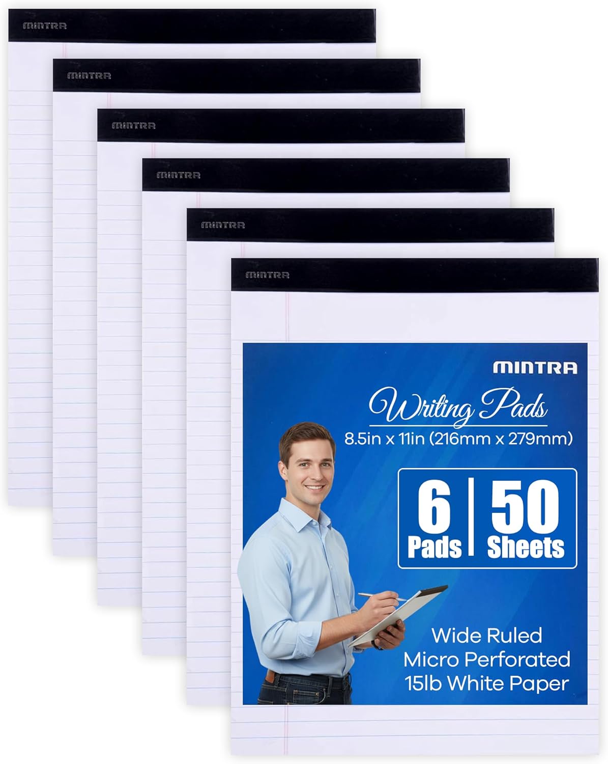 Mintra Office White Legal Pads – Ruled Notepads and Micro-Perforated Sheets, Ideal for Writing, Note-Taking & Creativity, Office, or Professional Use, Basic Pad 6 pack, 8.5"x11" (Narrow Ruled)