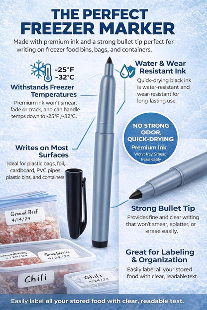 Cadie Permanent Freezer Marker Set of 2 – Waterproof Fast-Drying Black Ink Pens with Chisel Tip for Food Labeling, Fridge & Freezer Storage, Kitchen & Lab Use & General Organization.
