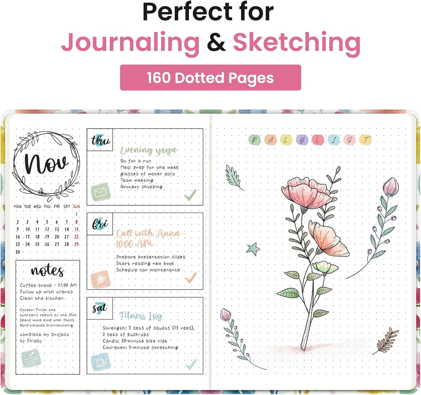 Taja Pretty Lined Journal for Women, Aesthetic Cute Hardcover Leather Journal for Writing, A5 College Ruled Notebook for Work & Note Taking, Perfect for Office School Home, 160 Pages, Meadow Flowers