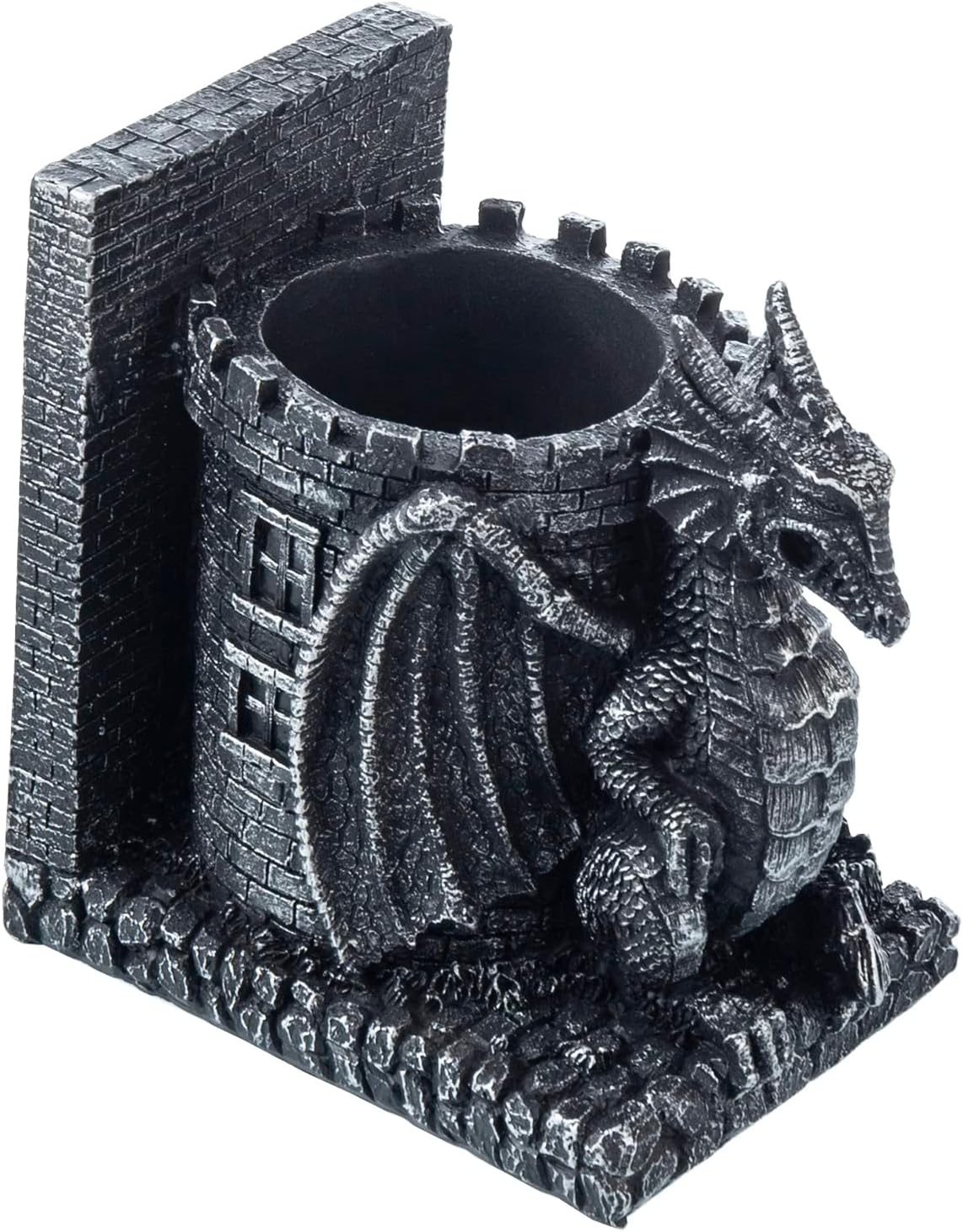 Bookends Dragon, Gothic Black Resin Dragon Guarding Castle Pencil Cup Bookends, Office Desk Book Ends with Decorative Fantasy Dragons and Stone Tower Pen Holders, 1 Pair