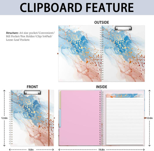 Rimilak Spiral Clipboards Folio with Refillable Lined Notepad, 14.5 x 9.8 In, Hardcover Cover with 5 Interior Pockets, Elastic Band and Pen Loop Series. Cute Stylish Clipfolio, Daisy Flower