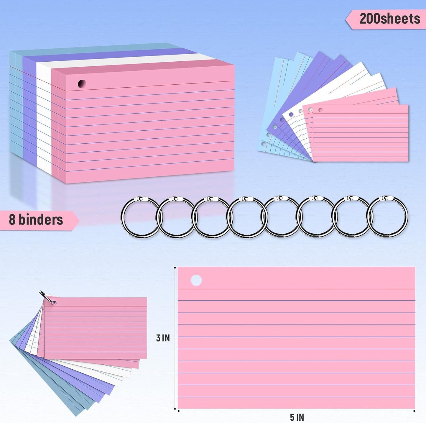 200 Count 3 x 5 Inch Purple Index Cards with Binder Rings, Lined & Blank Study Cards, Thick Cardstock Flash Cards for Students & Teachers, Color-Coded Notecards for School, Home, Work