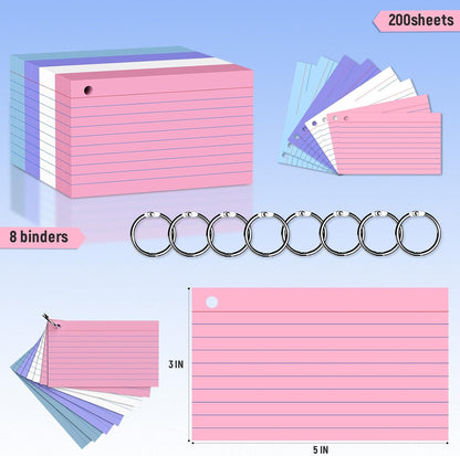 200 Count 3 x 5 Inch Purple Index Cards with Binder Rings, Lined & Blank Study Cards, Thick Cardstock Flash Cards for Students & Teachers, Color-Coded Notecards for School, Home, Work