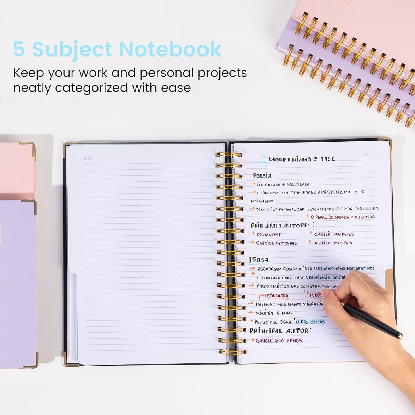 Hardcover Spiral Notebook with Tabs 8"x10" Large Spiral Lined Journals for Women with Dividers 240 Pages College Ruled Composition Notebook 5 Subject Notebook for Work, Back to School, Gifts, Purple