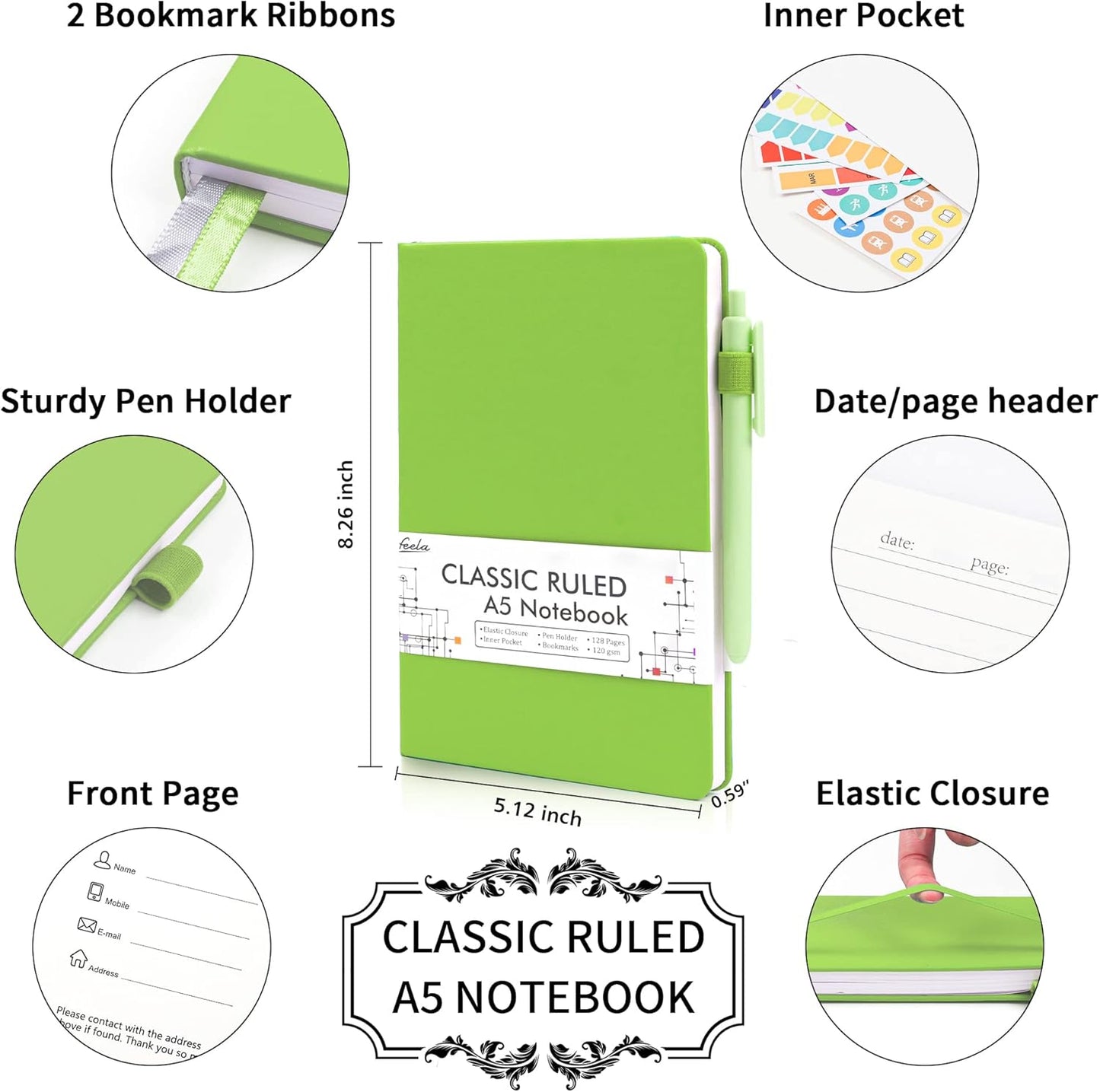 feela College Ruled Notebooks, 24 Pack Business Notebook Hardcover Lined Writing Journal with Pen Holder for Men Women Note Taking, with 24 Black Pens, 120 GSM, 5.1”x8.3”, A5, White