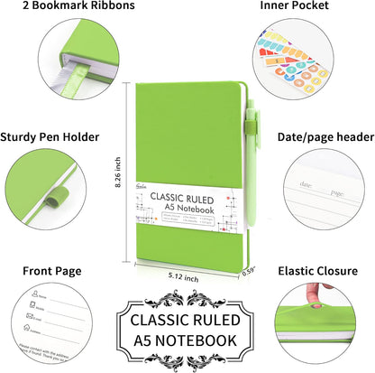 feela College Ruled Notebooks, 24 Pack Business Notebook Hardcover Lined Writing Journal with Pen Holder for Men Women Note Taking, with 24 Black Pens, 120 GSM, 5.1”x8.3”, A5, White