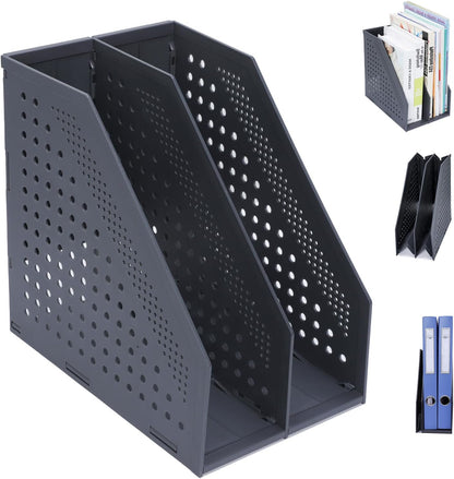 FRETONBA Collapsible Magazine File Holder with 2 Vertical Compartments Foldable Binder Holder for Desk Binder Storage Organizer Plastic Magazine Holders for Shelf, Light Gray