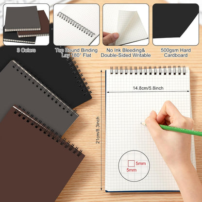 Engrowtic 2 Pack Graph Paper Spiral Notepad A5 Top Wirebound Notepad Grid Notebook Steno Pads Memo Notebook Grid Paper 140 Pages for Writing Sketching Drawing Office Supplies (Black)