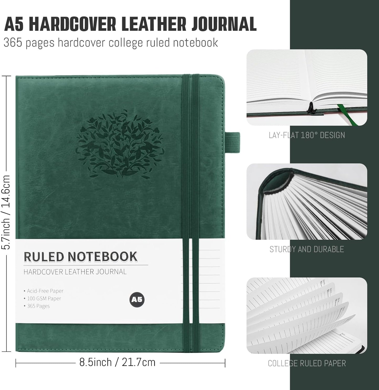 Lined Journal,A5 Lined Notebook for women,384 Pages Green Hardcover Leather Journal for men,College Ruled Notebook for note taking Lined Journal note book for work,school