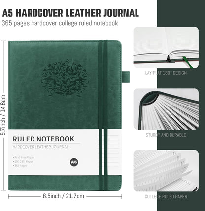 Lined Journal,A5 Lined Notebook for women,384 Pages Green Hardcover Leather Journal for men,College Ruled Notebook for note taking Lined Journal note book for work,school