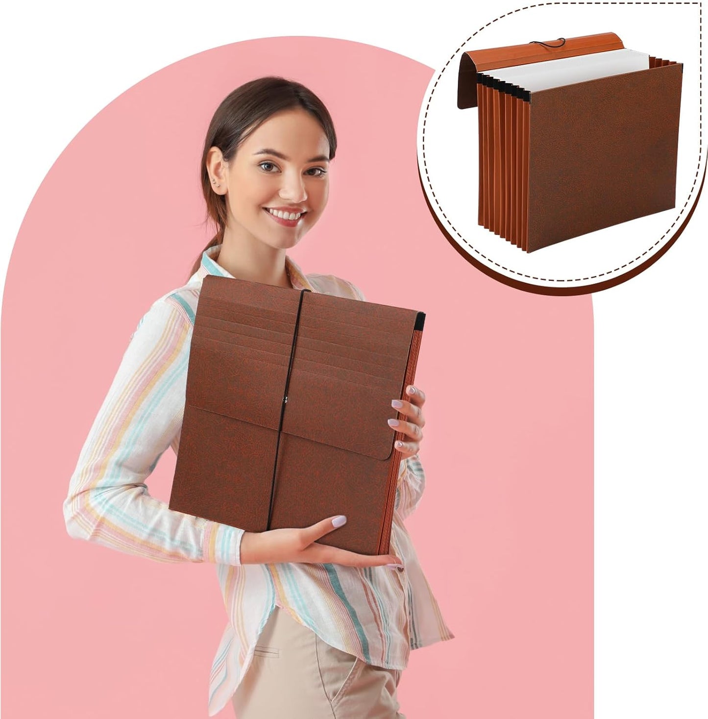 PerKoop 5 Pcs Expanding File Folder with Flap 7 Inch Expansion Expanding File Wallet with Elastic Cord Closure Letter Size Heavy Duty Document Organizer, 10 Slots, Brown