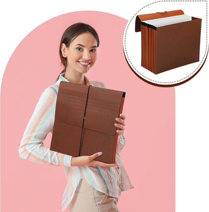 PerKoop 5 Pcs Expanding File Folder with Flap 7 Inch Expansion Expanding File Wallet with Elastic Cord Closure Letter Size Heavy Duty Document Organizer, 10 Slots, Brown