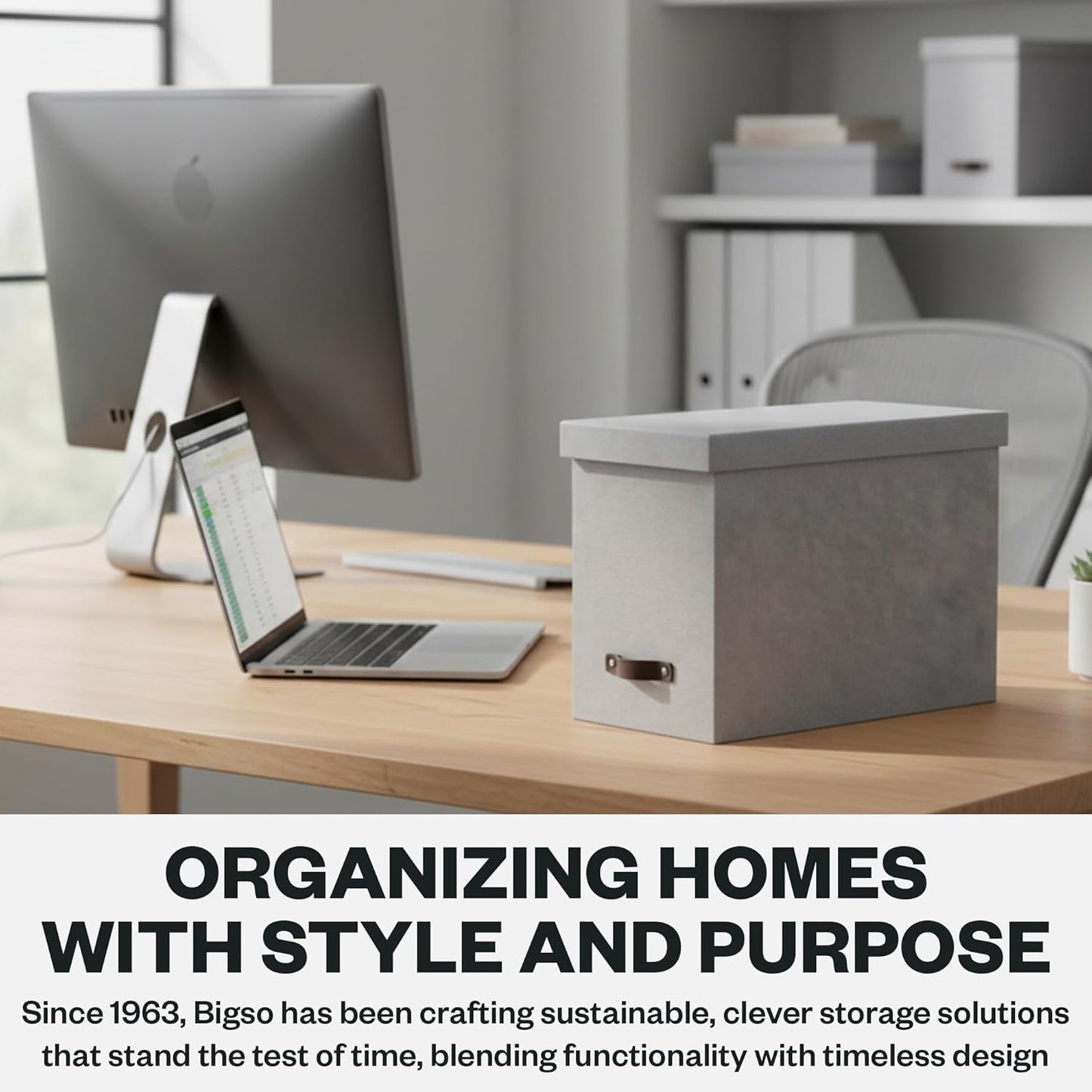 Bigso John Desktop File Box - Storage Solution and Document Organizer for Important Paperwork - Durable Hanging File Box with a Lid and Leather Handle - 7.36 in x 13.26 in x 10.51 in - Grey