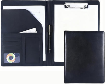 FXNT Professional A4 Clipboard Folder - PU Leather Padfolio Organizer with Clipboard, Business Portfolio for Resume, Documents, Meetings (Black)