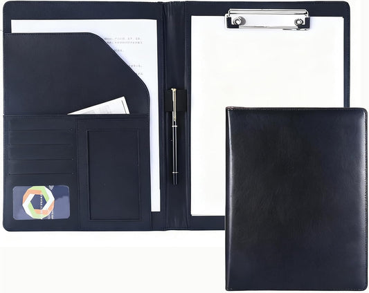 FXNT Professional A4 Clipboard Folder - PU Leather Padfolio Organizer with Clipboard, Business Portfolio for Resume, Documents, Meetings (Black)