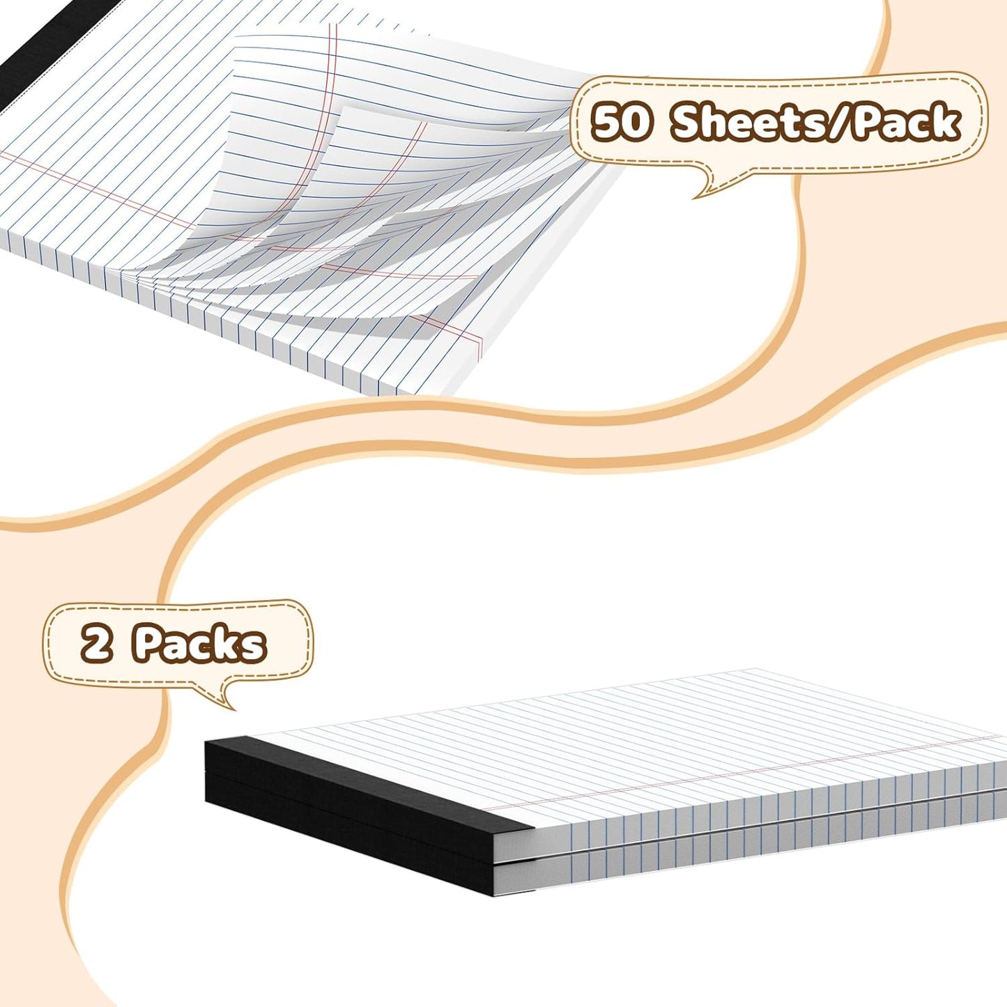 Legal Pads 8.5 x 11, White Note Pads, Wide Ruled Paper - 2 Pack (100 Sheets Total), Thick 80gsm Premium Writing Pads with Perforated Pages & Sturdy Backing Board for Office, School, Home