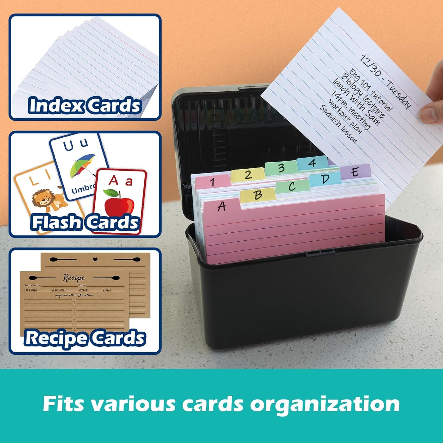 Olivo 4x6 Index Card Holder Box with 100 Cards Dividers Tabs 4"x 6", Blue