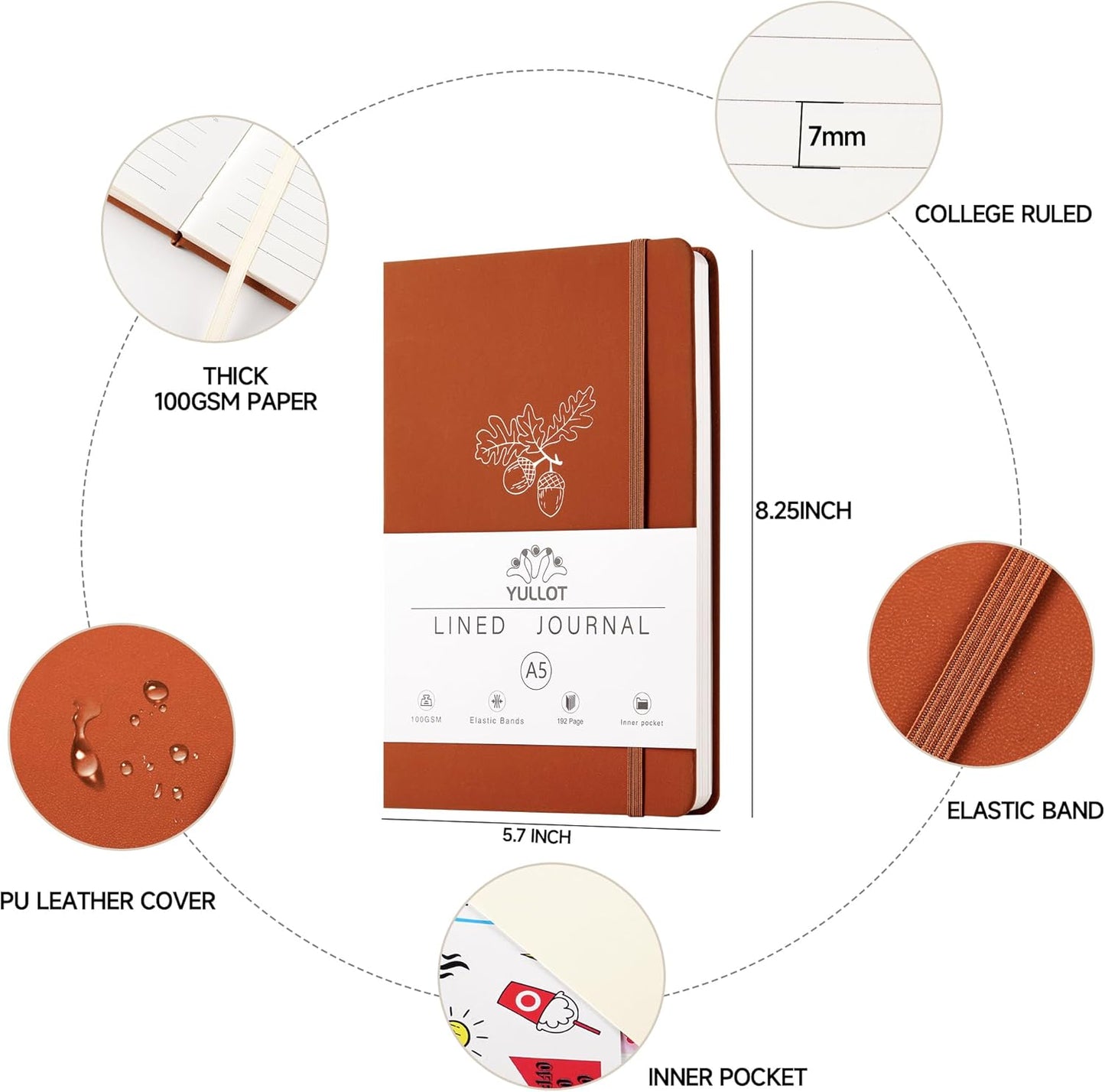 Lined Journal Notebook –A5 PU Leather Hardcover Notebook, 100gsm Thick Bleedproof Paper with Inner Pocket – 192Pages Lined Writing Journal for Students Women Note Taking - Terracotta Orange