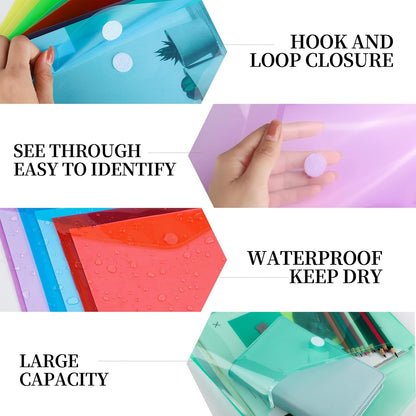 LEOBRO Plastic File Folders for Documents, 6 PCS Plastic Envelopes, Reusable Clear File Folders File Bags Document Holder, A4 Size