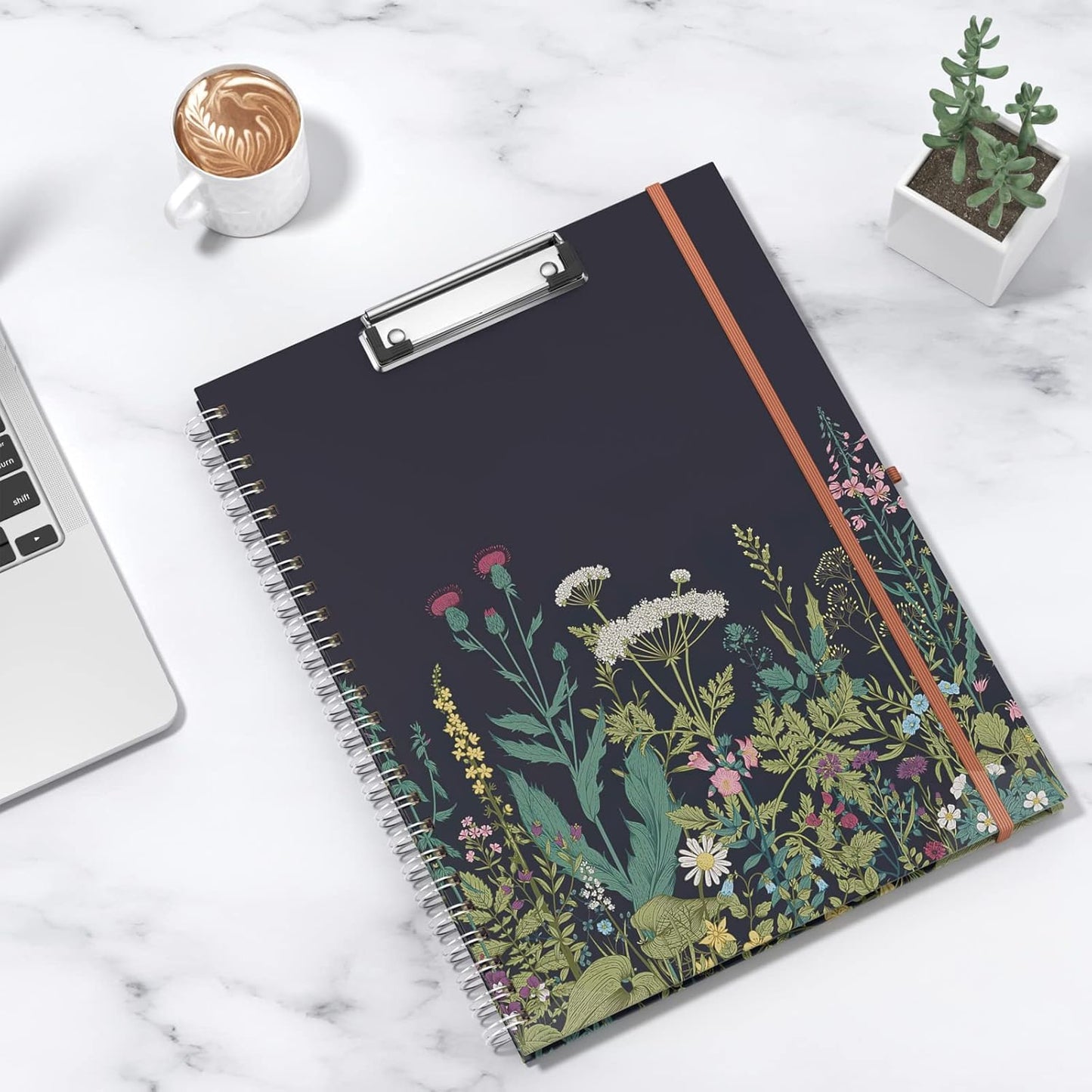 Rimilak Spiral Clipboards Folio with Refillable Lined Notepad, 14.5 x 9.8 In, Hardcover Cover with 5 Interior Pockets, Elastic Band and Pen Loop Series. Cute Stylish Clipfolio, Daisy Flower