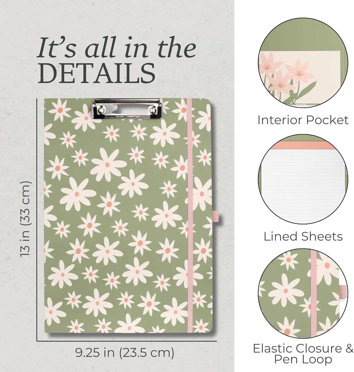 Steel Mill & Co Cute Clipboard Folio with Refillable Lined Notepad and Interior Storage Pocket, Floral Padfolio for Work, Garden Blooms Cream