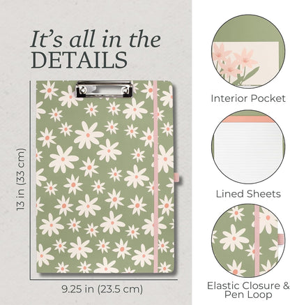 Steel Mill & Co Cute Clipboard Folio with Refillable Lined Notepad and Interior Storage Pocket, Floral Padfolio for Work, Garden Blooms Cream