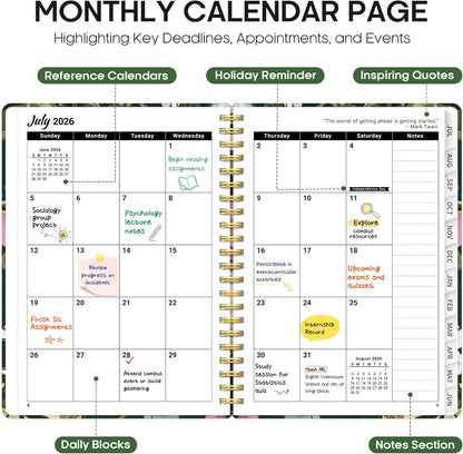 Planner 2026-2027, Academic Year Monthly and Weekly Calendar Planner, Jul 2026 - Jun 2027, Hardcover Teacher Student Planning Agenda book with Tabs, Perfect for School Office Supplies, 6.3" x 8.5" - Wildflowers