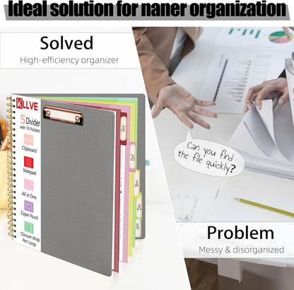 Grey Foldable Spiral Clipboard Folio with Storage Zipper Pouch, 5 Plastic Folders with Pockets,Refillable Lined Notepad (8.5" x 11"), Hardcover Project Organizer with 39 Stickers