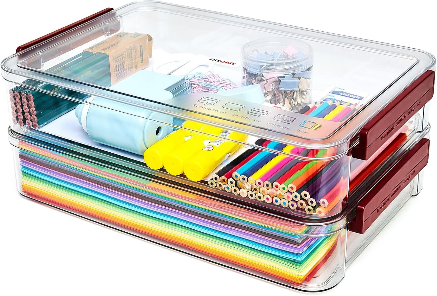 CATOOMUU 2 Pcs 5.5qt 9 x 13 Plastic Portable Project Case With Snap-Tight Latch Clear Stackable Storage Box With Lids Organizer Container For A4 File Photo Documents Scrapbook Craft Art Supplies