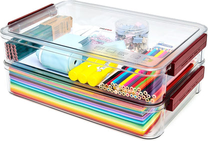 CATOOMUU 2 Pcs 5.5qt 9 x 13 Plastic Portable Project Case With Snap-Tight Latch Clear Stackable Storage Box With Lids Organizer Container For A4 File Photo Documents Scrapbook Craft Art Supplies